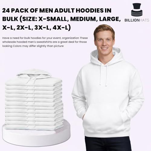 BILLIONHATS 24 Pack of Wholesale Hoodie Sweatshirts, Men's Women's Unisex Hoodies Cotton Blend, Bulk Adults Sweatshirt, Homeless Donation WHITE SIZE 3X-LARGE