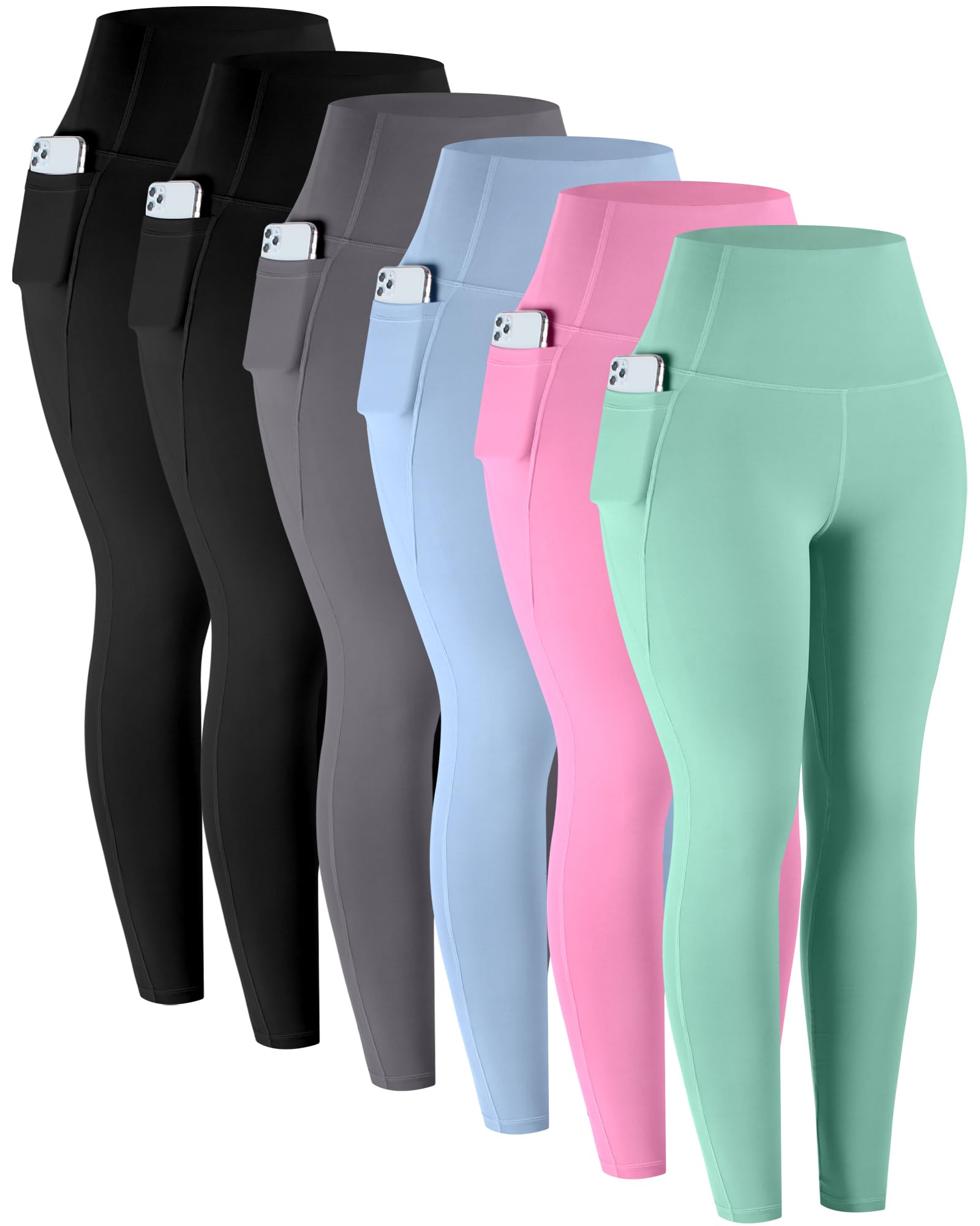 Women's High-Waisted Workout Leggings with Pockets 6-Pack