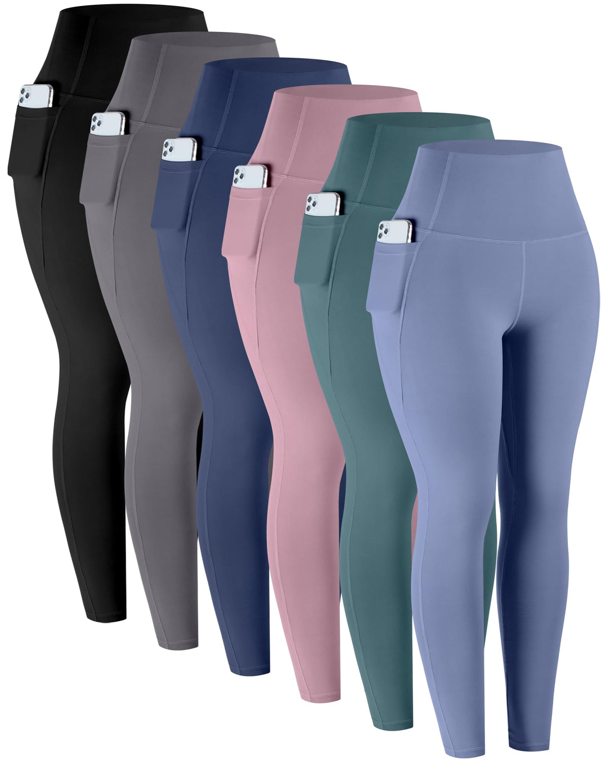 Women's High-Waisted Workout Leggings with Pockets 6-Pack