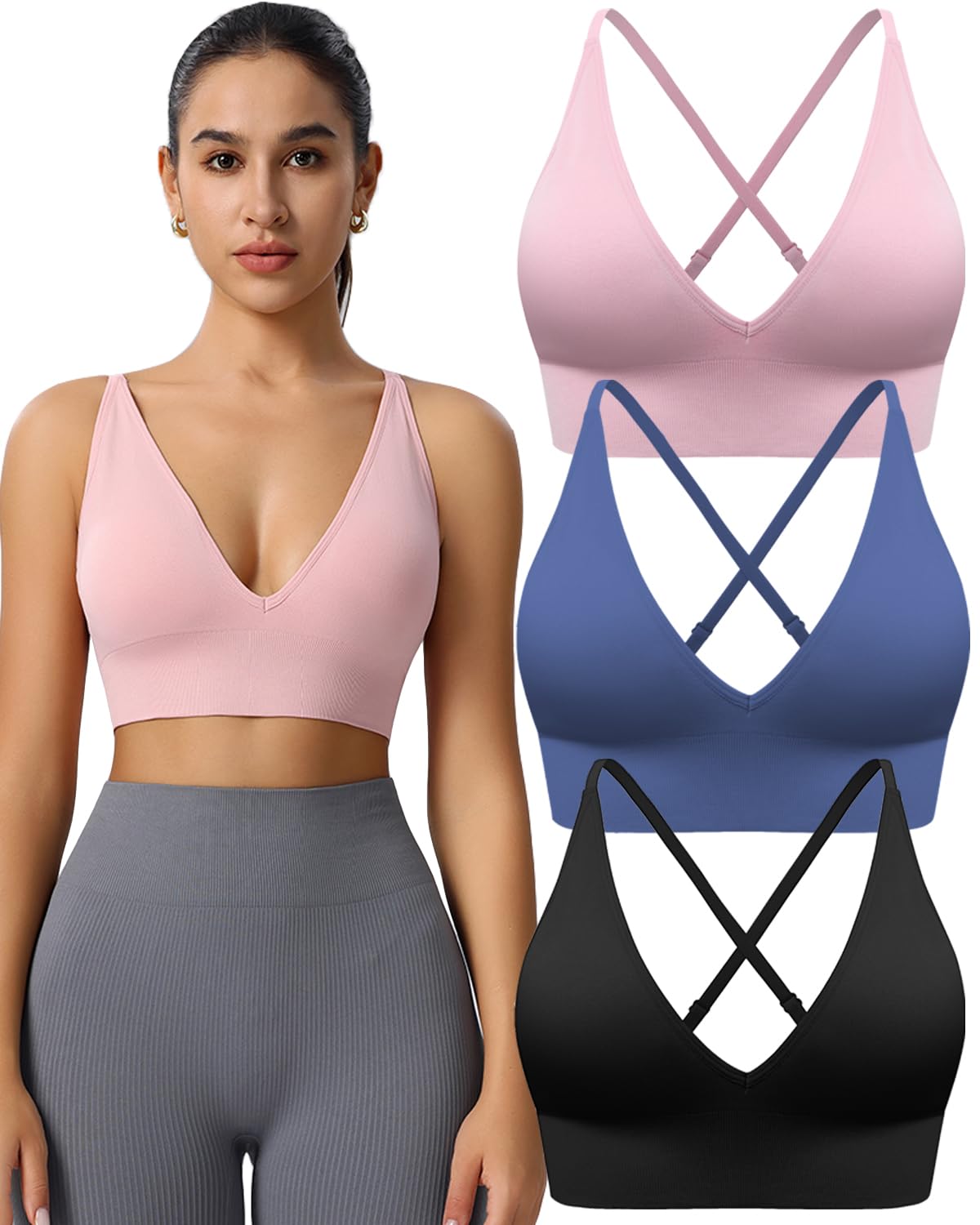 Women's V-Neck Seamless Adjustable Padded Sports Bra