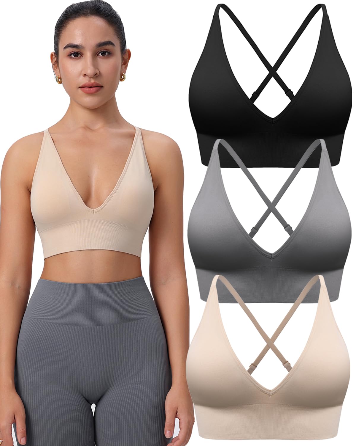 Women's V-Neck Seamless Adjustable Padded Sports Bra