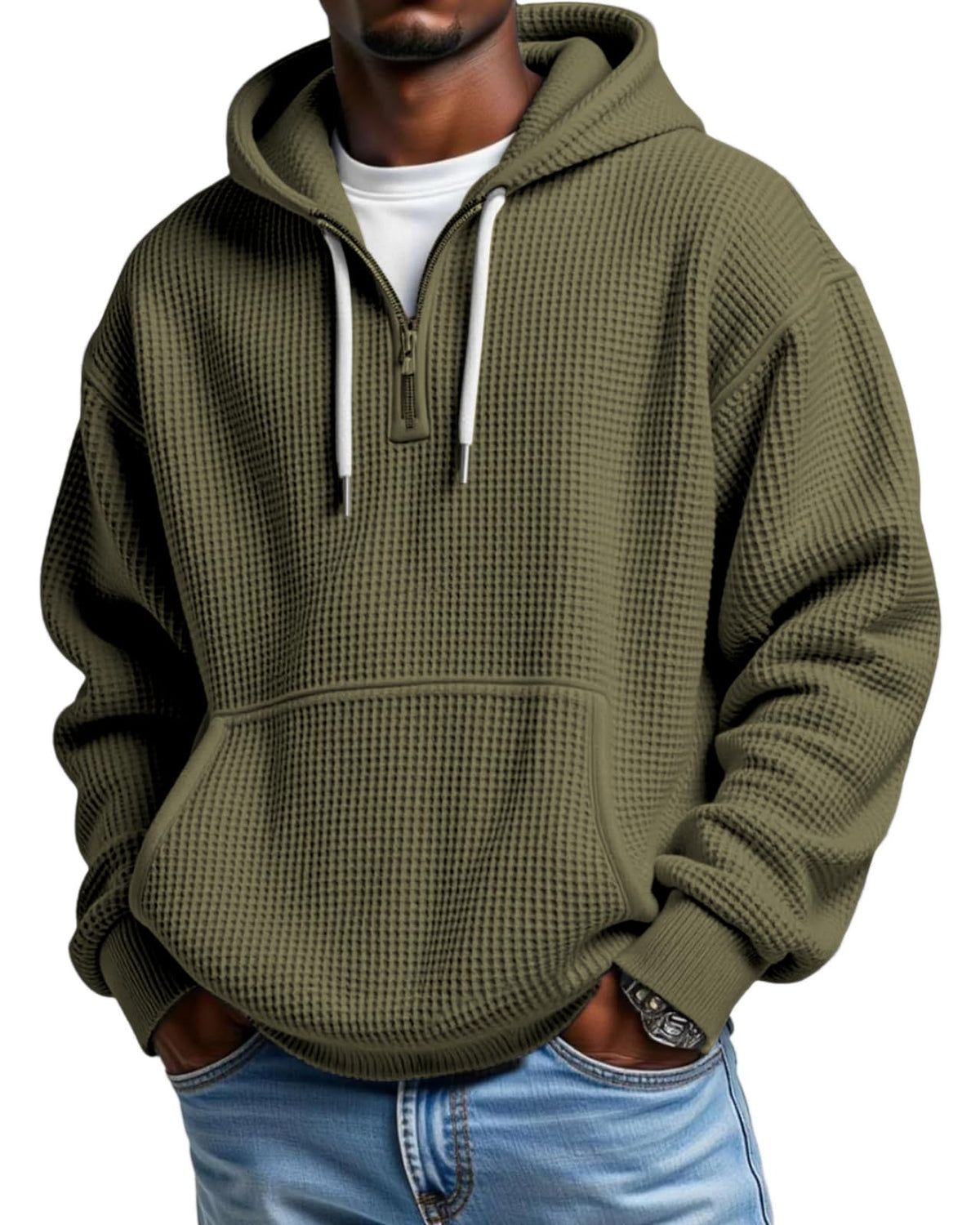 Men's Waffle-Knit Quarter-Zip Performance Hoodie with Pockets