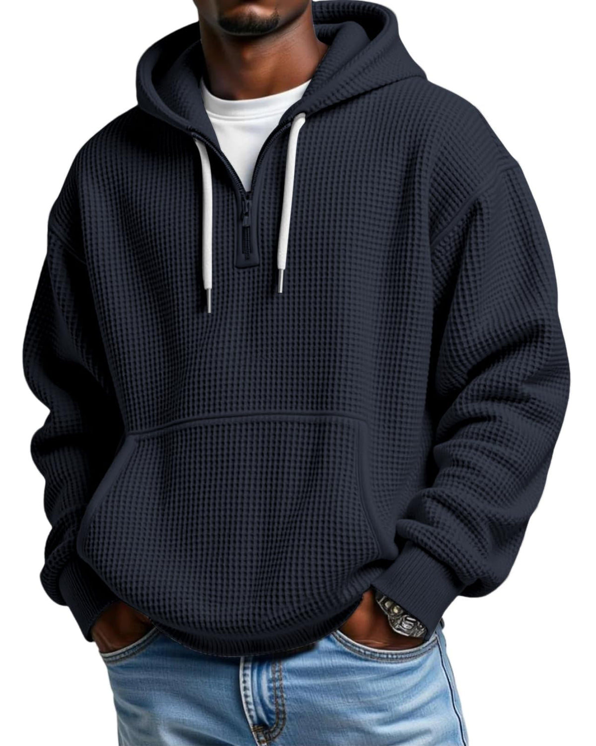 Men's Waffle-Knit Quarter-Zip Performance Hoodie with Pockets