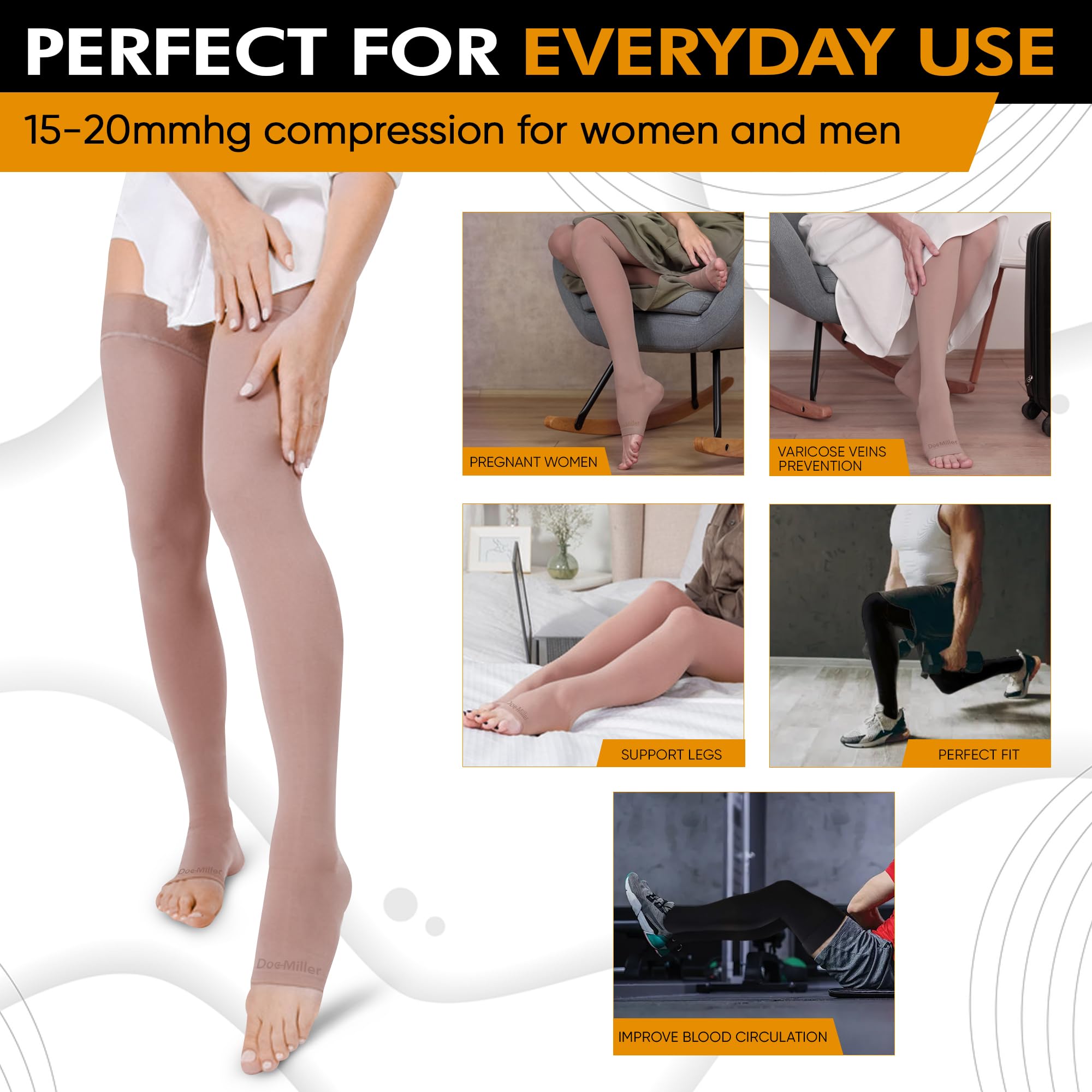 Unisex Thigh-High Open-Toe Compression Socks 15-20 mmHg