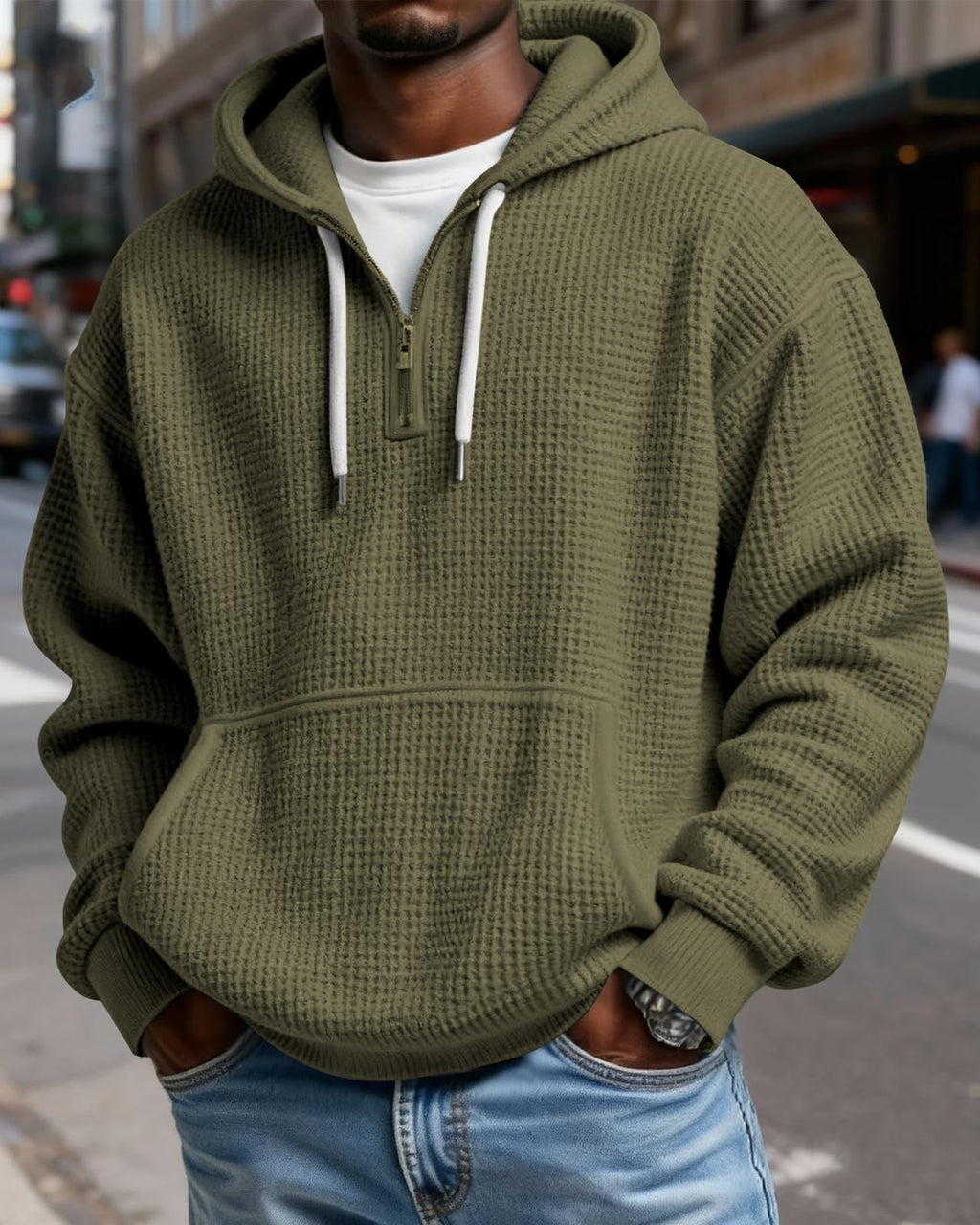 Men's Waffle-Knit Quarter-Zip Performance Hoodie with Pockets