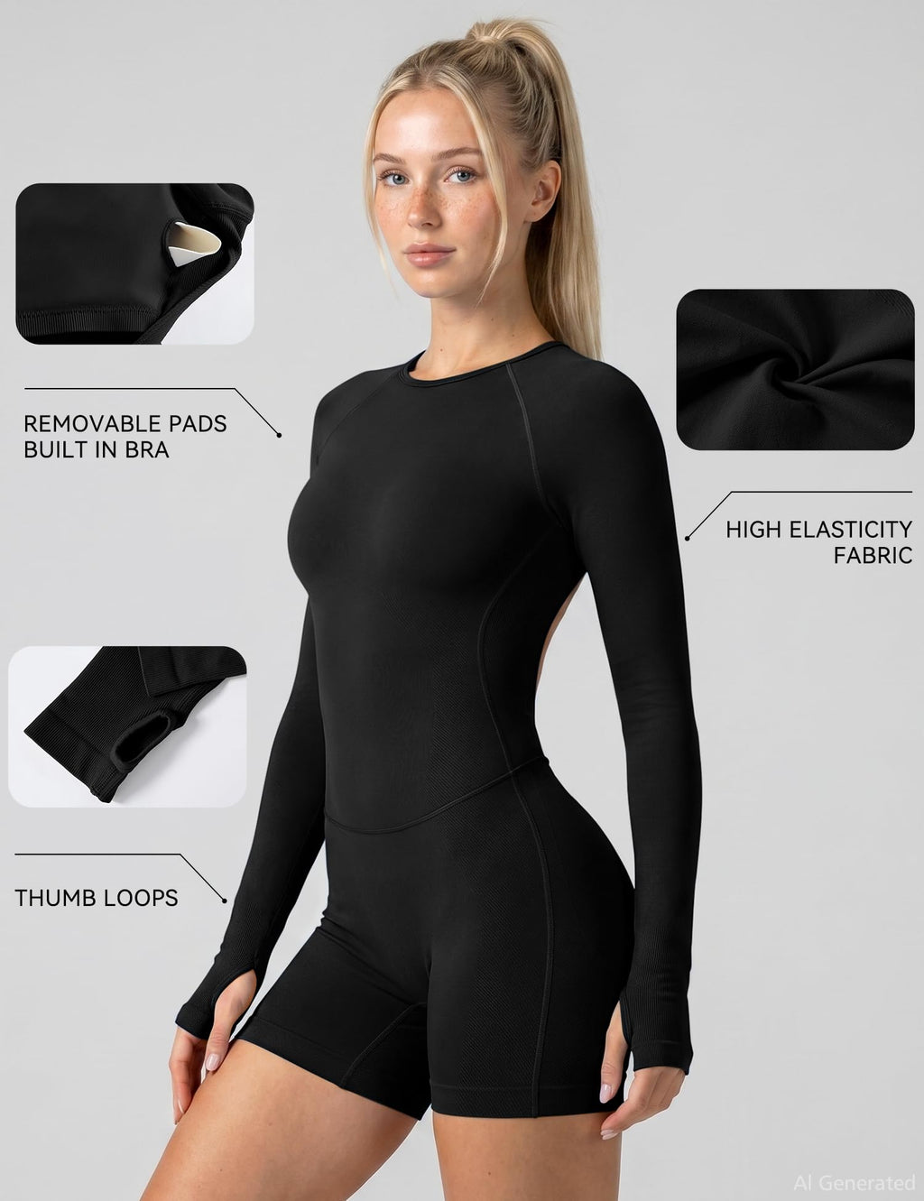 Women's Long-Sleeve Open-Back Performance Workout Romper