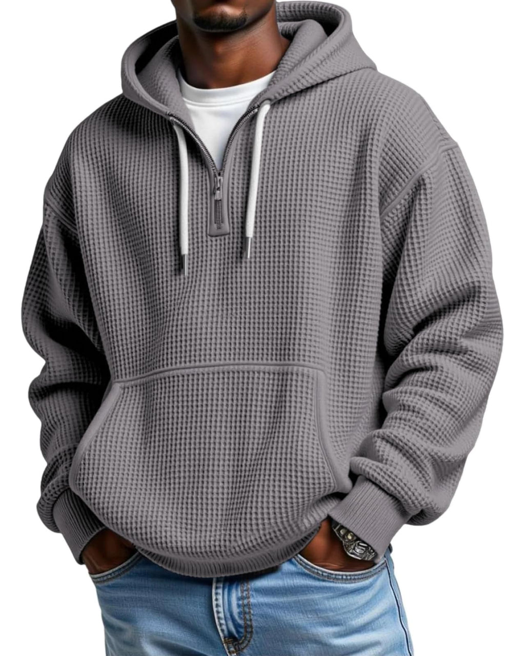 Men's Waffle-Knit Quarter-Zip Performance Hoodie with Pockets