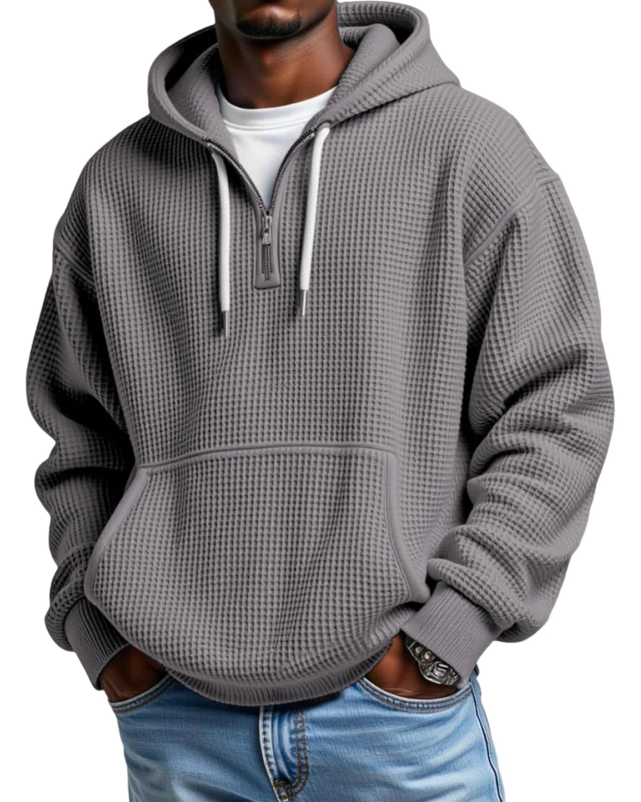 Men's Waffle-Knit Quarter-Zip Performance Hoodie with Pockets