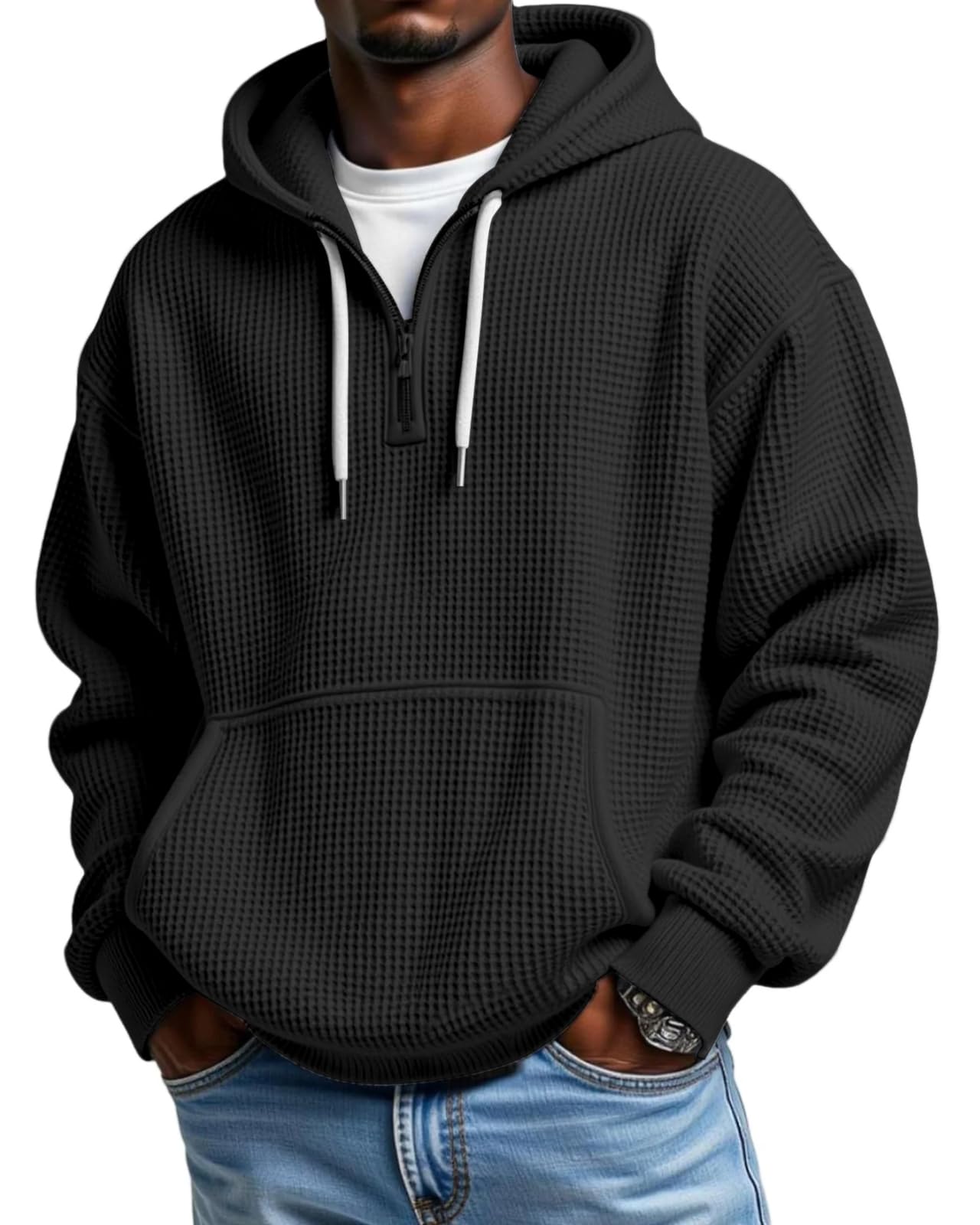 Men's Waffle-Knit Quarter-Zip Performance Hoodie with Pockets