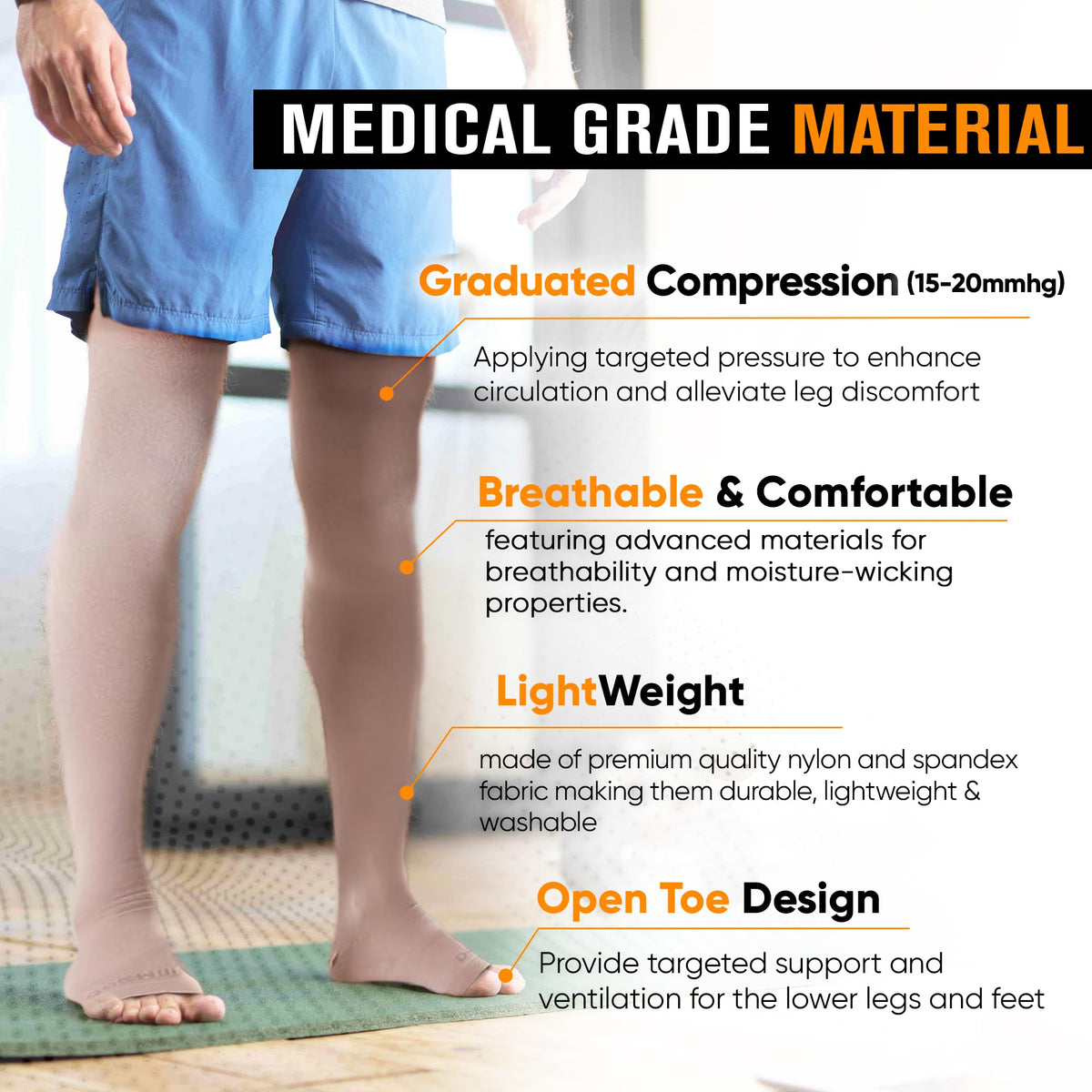 Unisex Thigh-High Open-Toe Compression Socks 15-20 mmHg