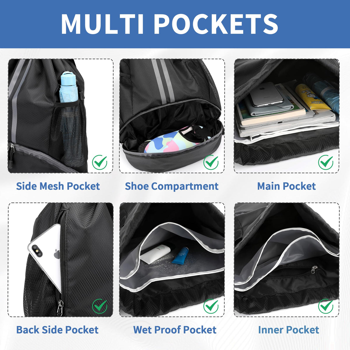 Drawstring Gym Backpack with Separate Shoe Compartment