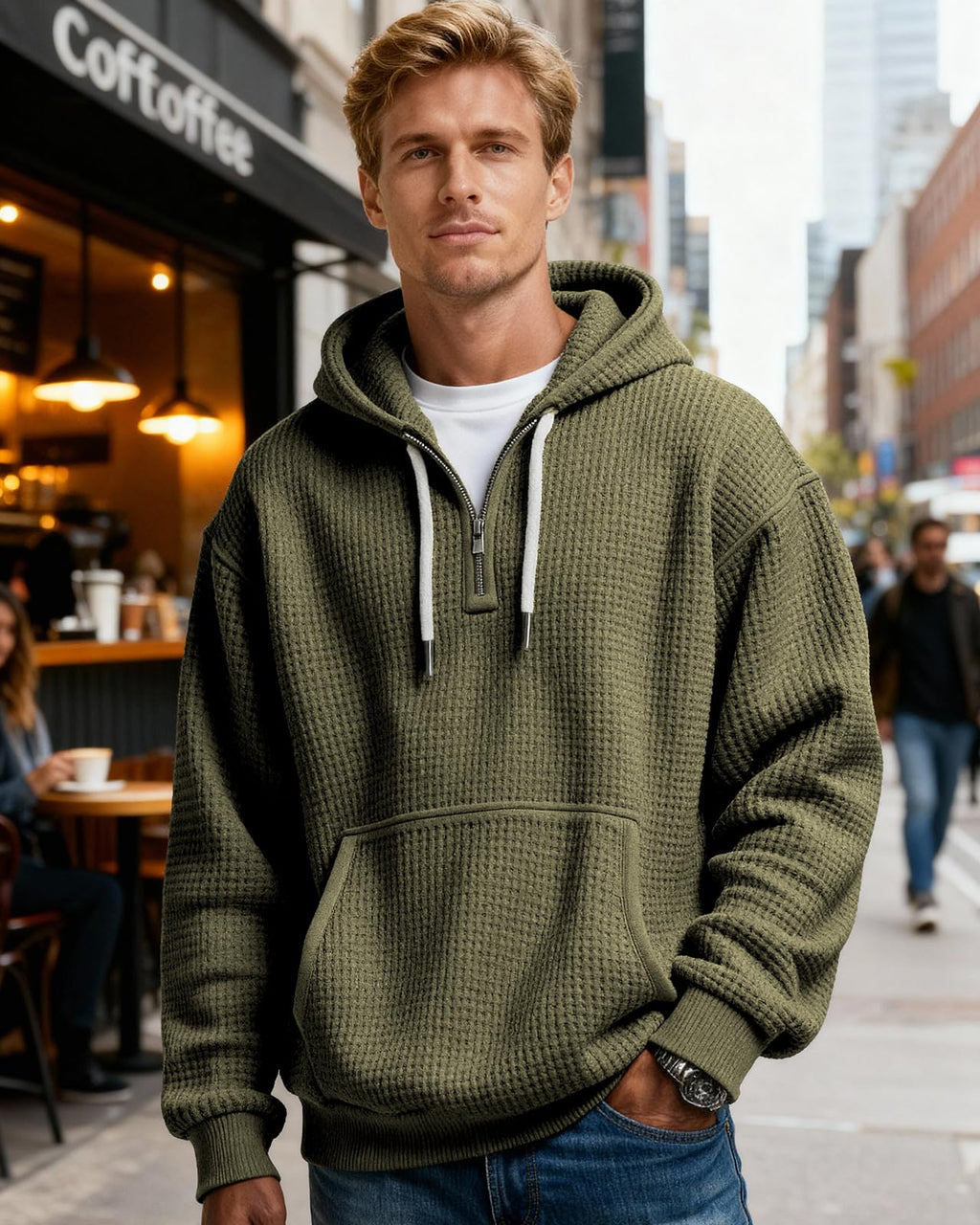 Men's Waffle-Knit Quarter-Zip Performance Hoodie with Pockets