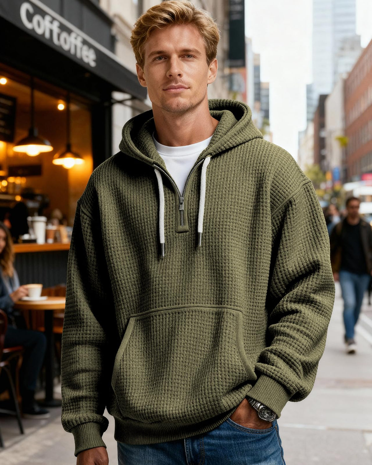 Men's Waffle-Knit Quarter-Zip Performance Hoodie with Pockets